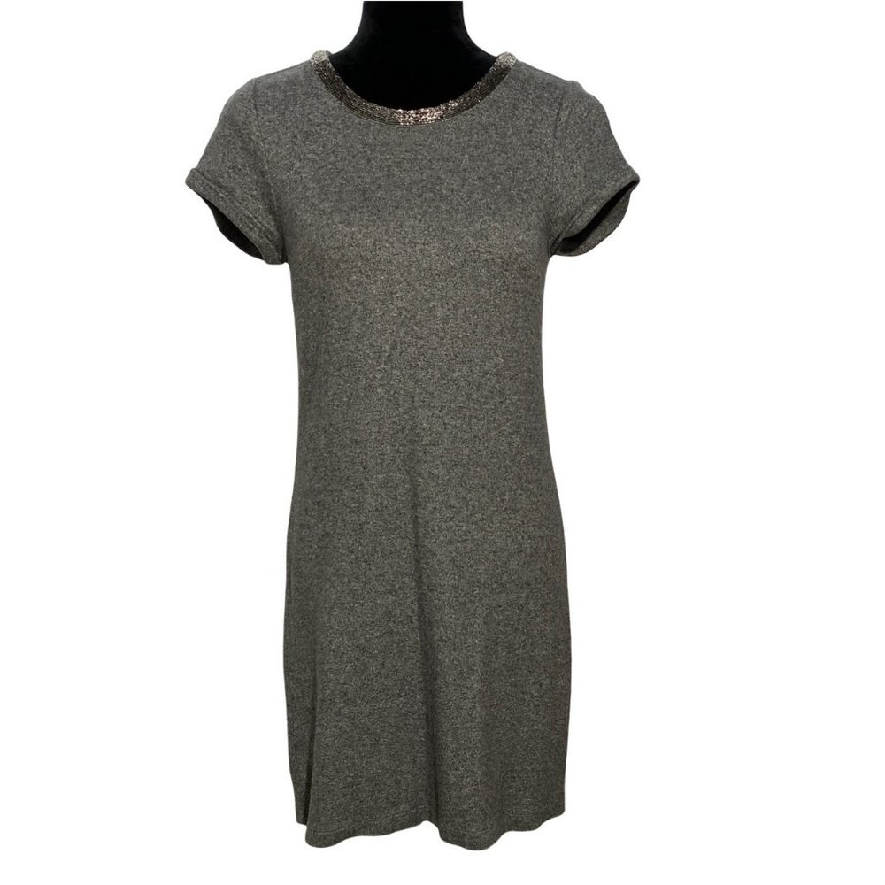 Ann Taylor LOFT XS Dress Shift Sweater Charcoal Heather Gray Beaded Neckline